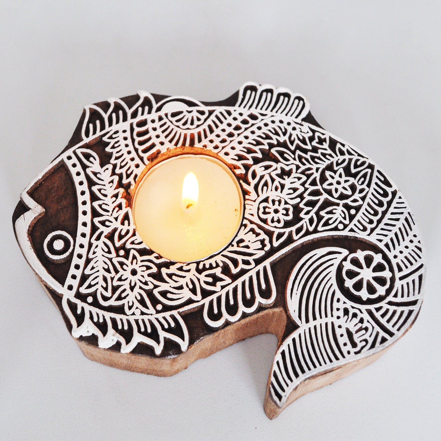 Wooden Hand block Fish Shape Diya pair