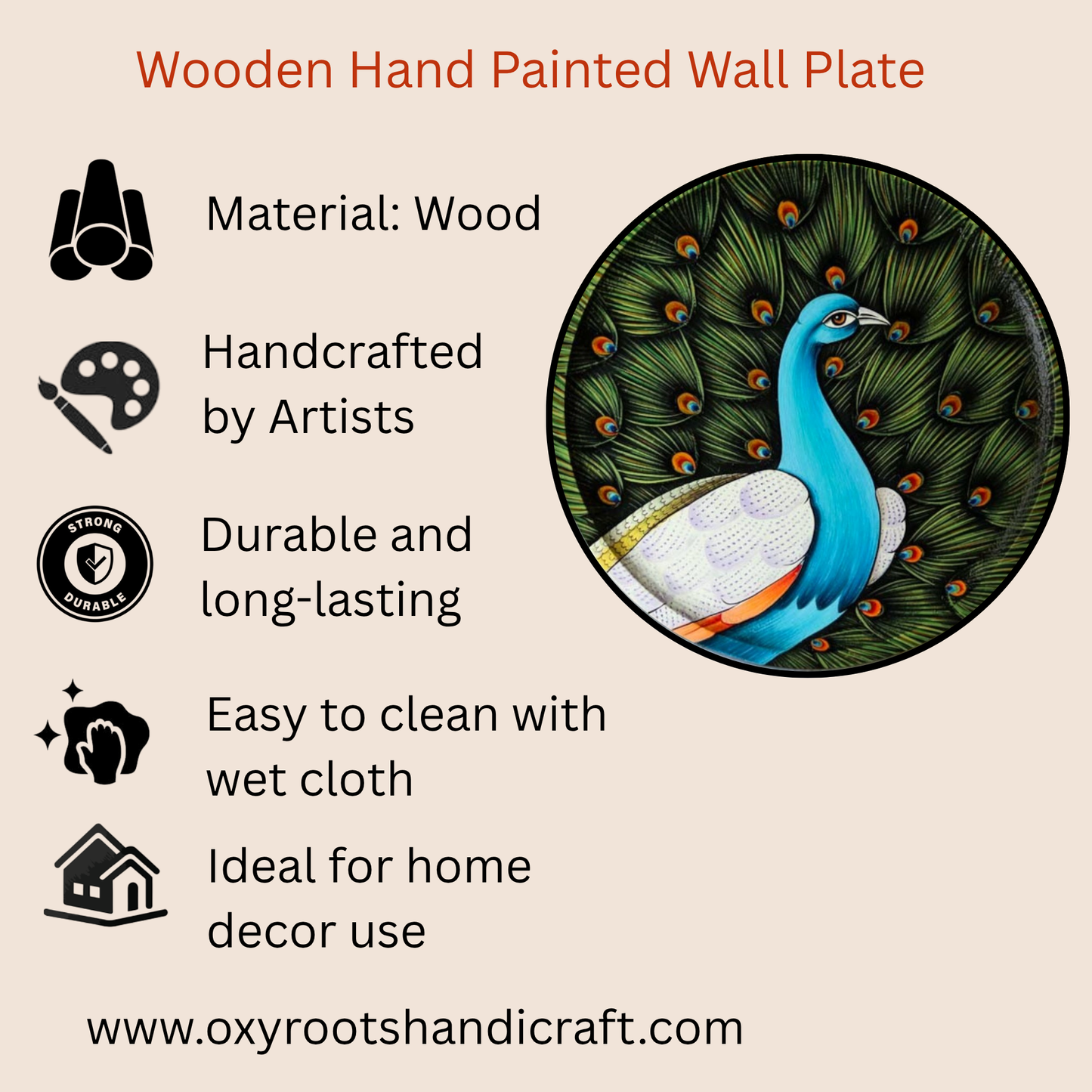 Hand Painted Wooden Wall Plate Vibrant Peacock Motif