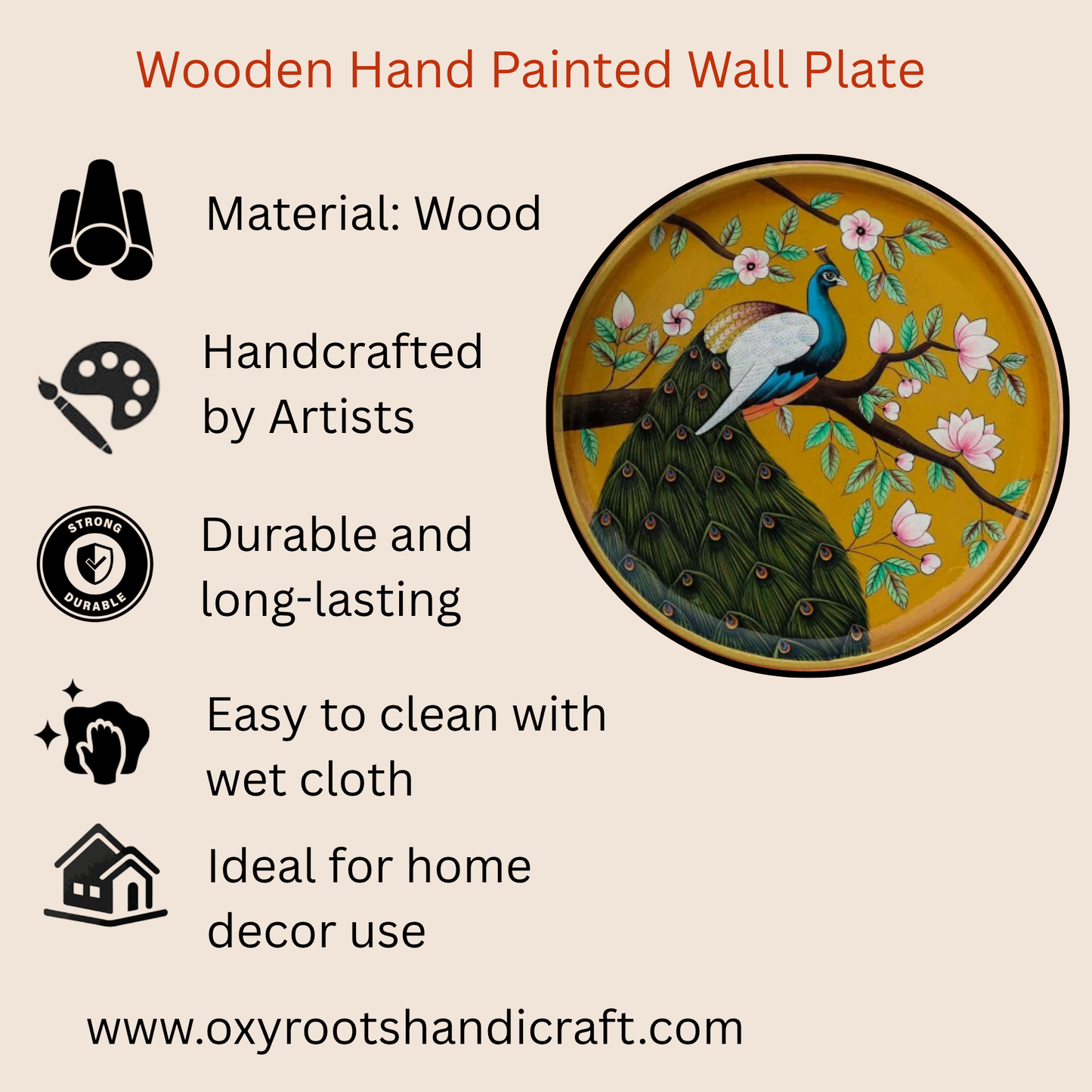 Hand-Painted Wooden Peacock Wall Plate