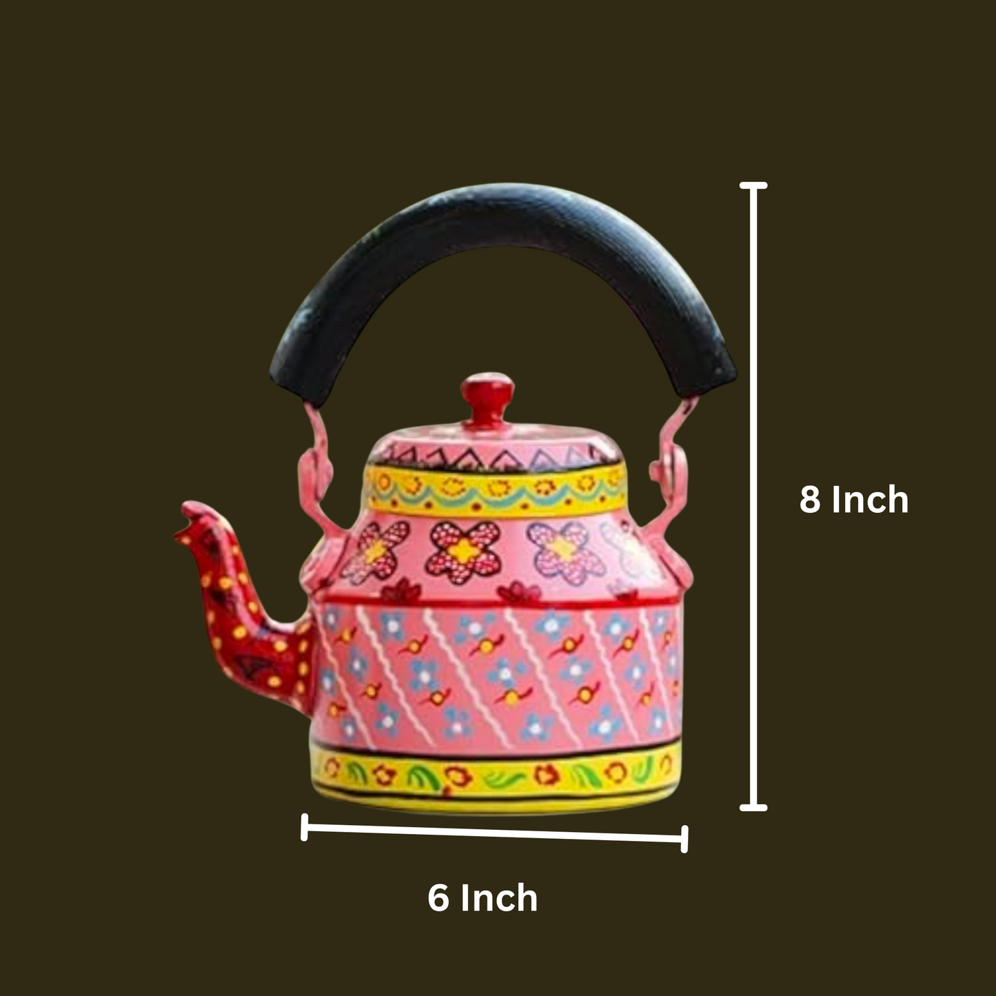 Hand Painted Aluminum Pink Tea Kettle With Wooden Troly Set