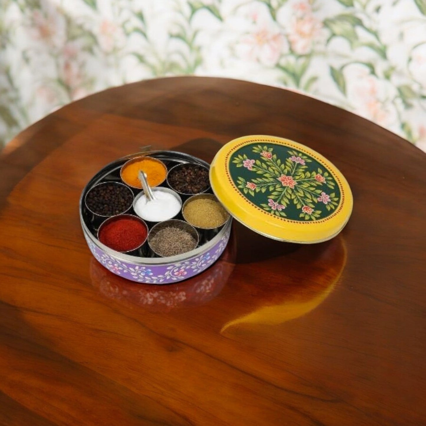 Hand Painted Spice Box With 7 Compartments-Green And Purple