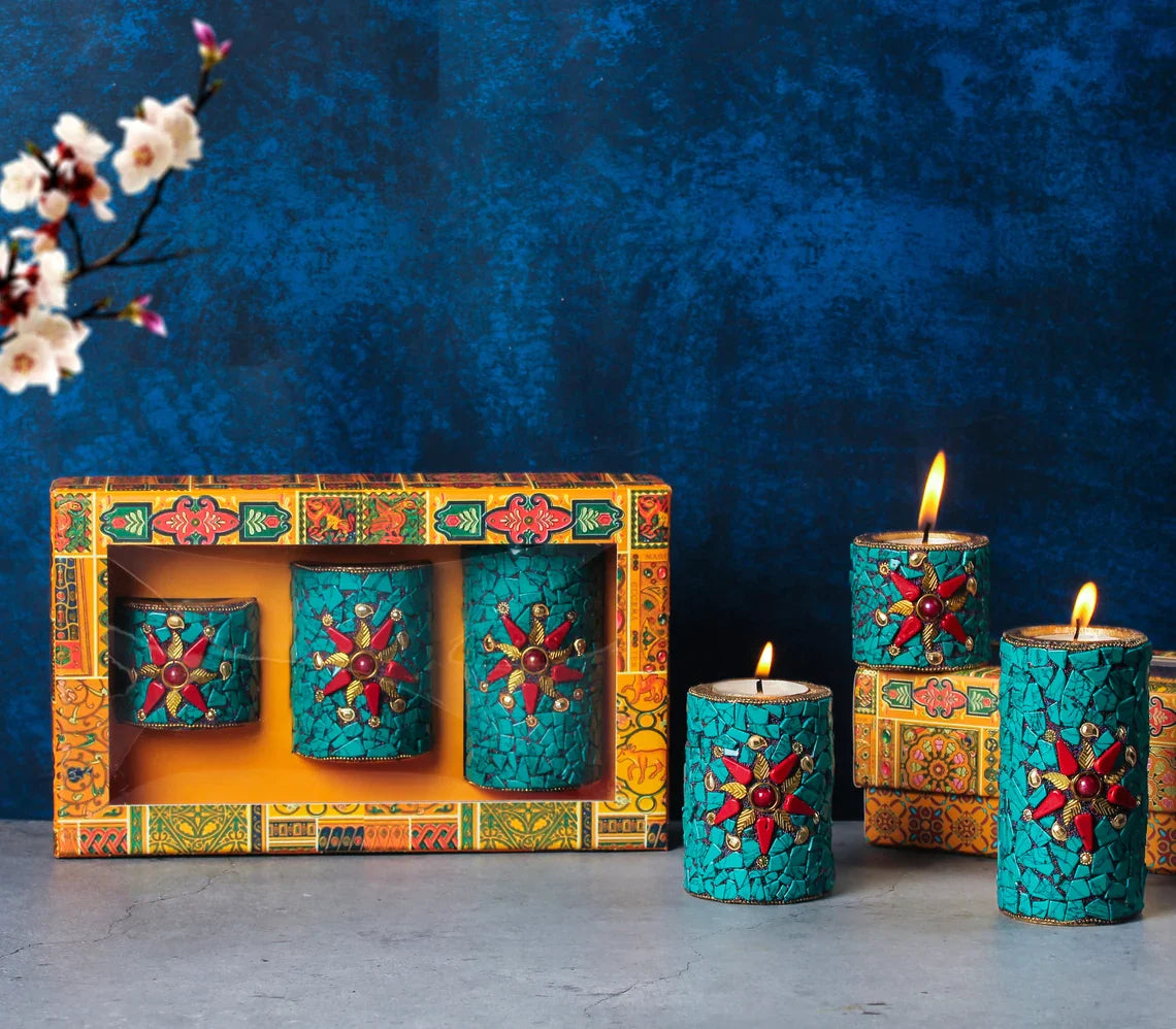 Wooden Tea Light Candle Holder Set of 3 - Green