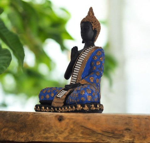 Polyresin Meditating Sitting Lord Buddha Showpiece - Cyan and Golden