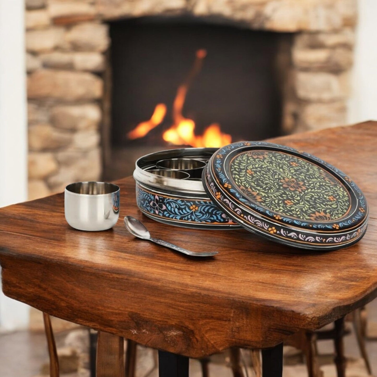 Hand Painted Spice Box With 7 Compartments-Black