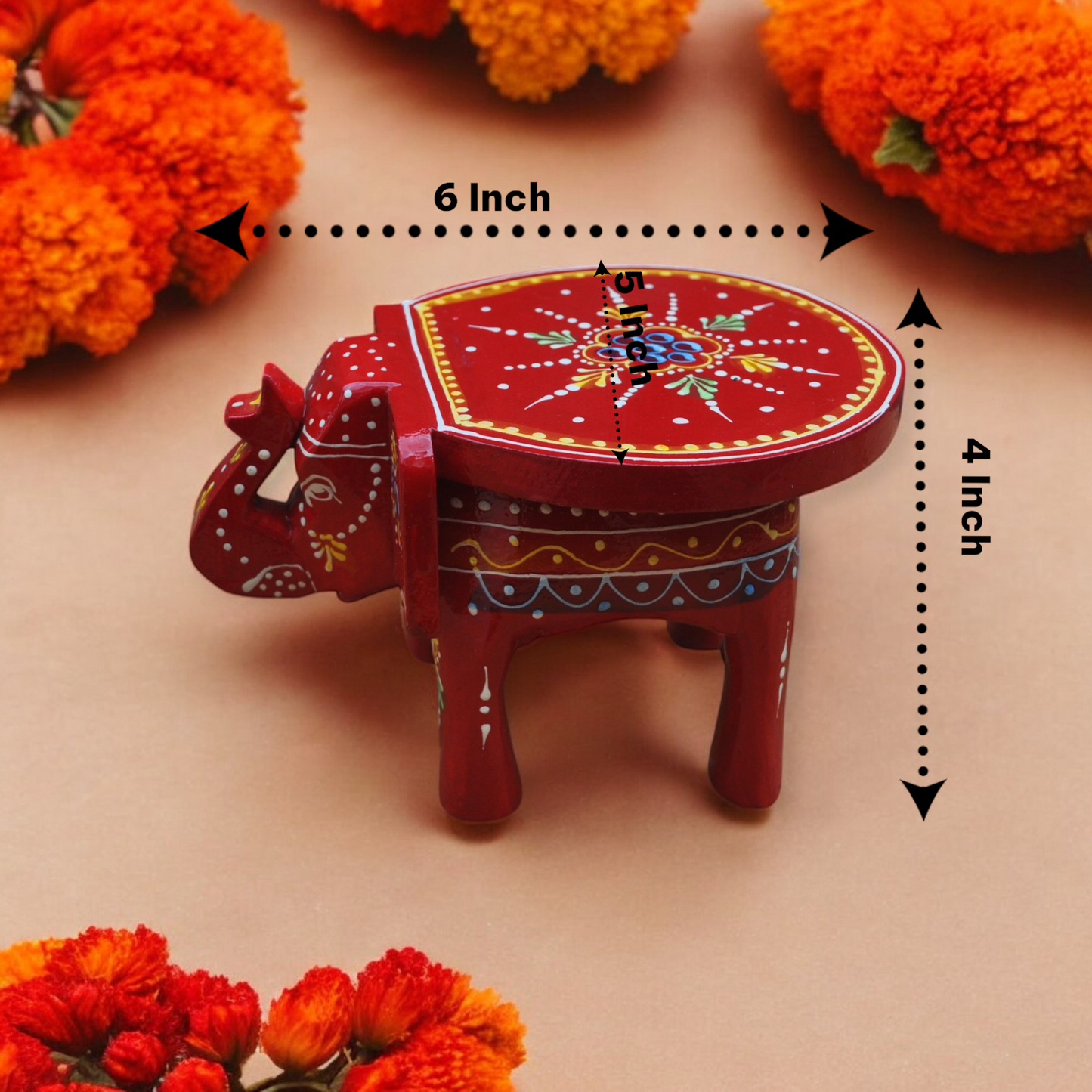 Wooden Hand Painted Small Elephant Stool - Red