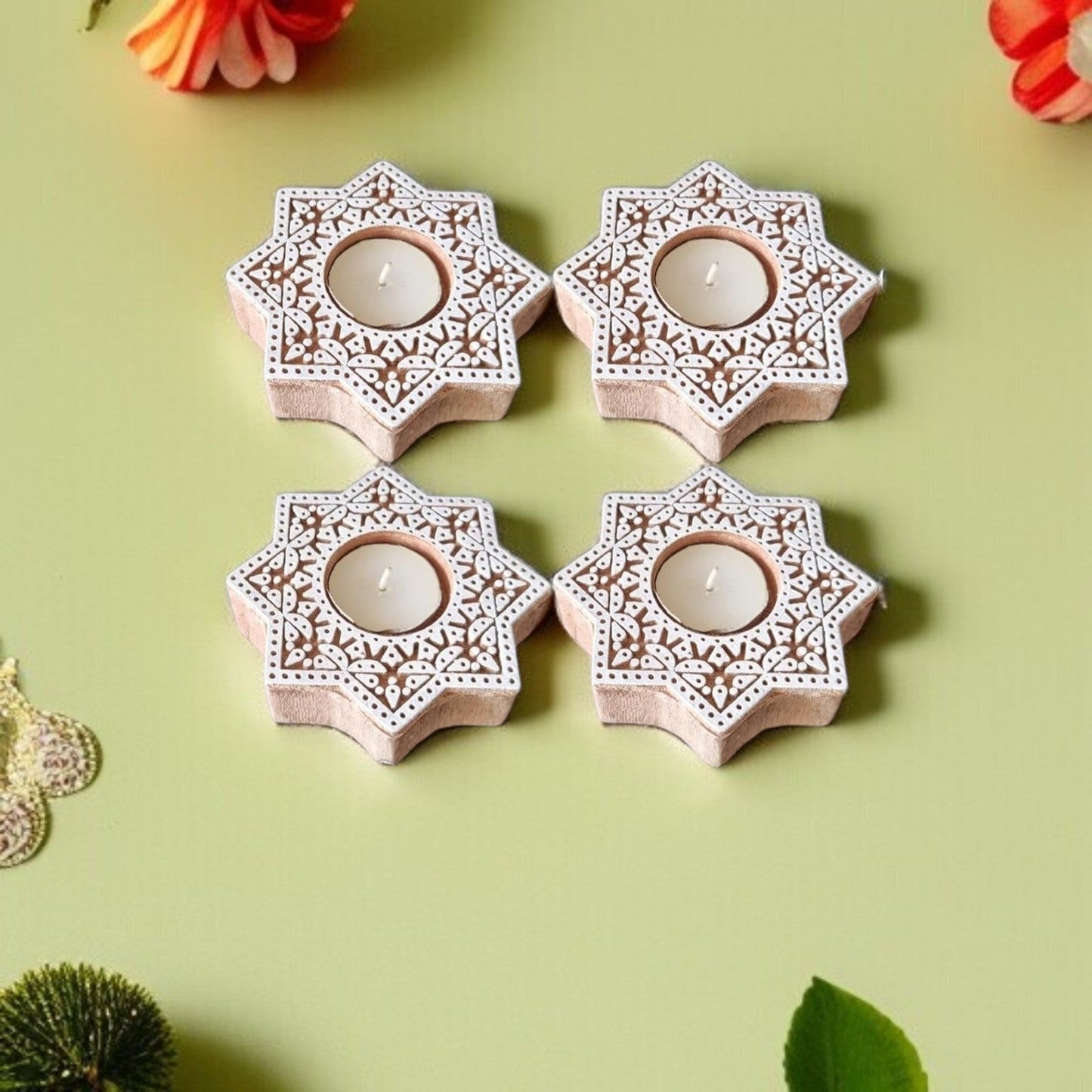 Wooden Hand block Star Shape Diya pair