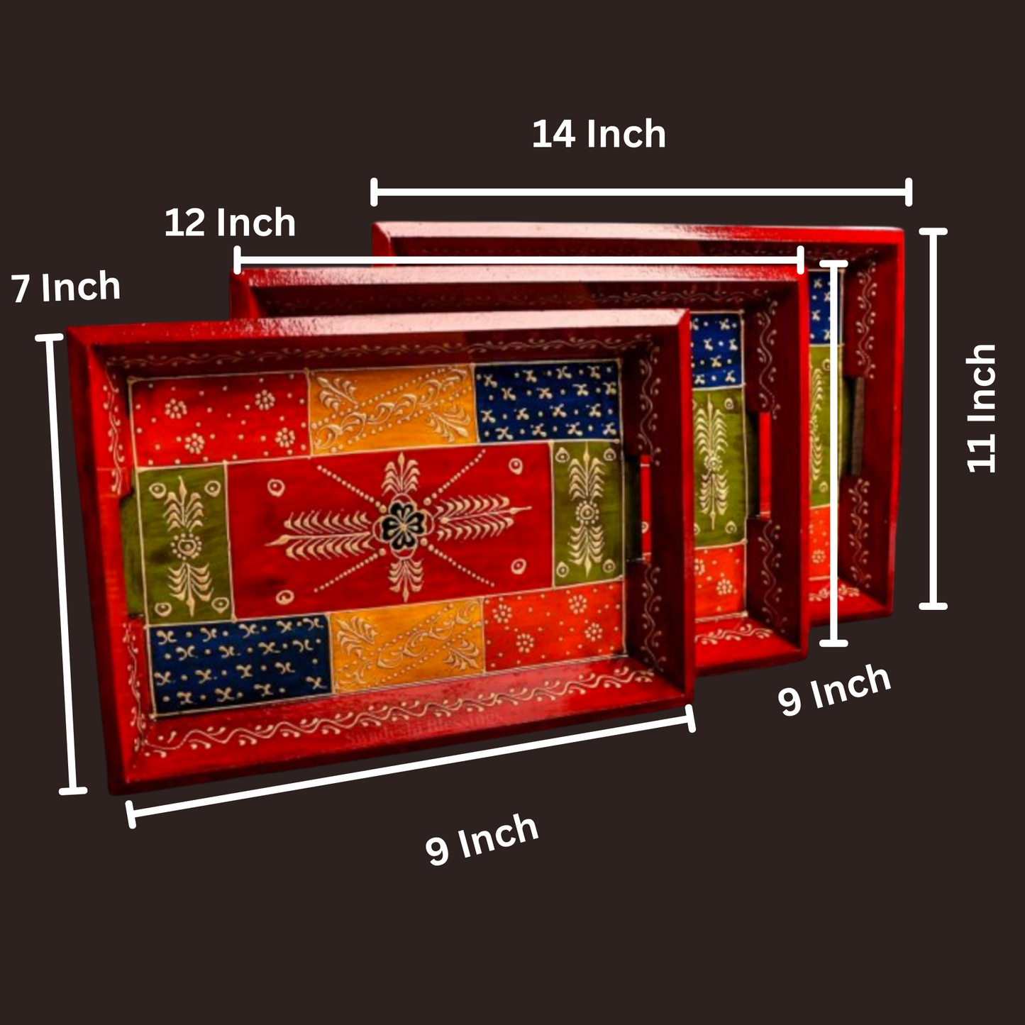 Wooden Serving Tray Hand Painted Set of 3