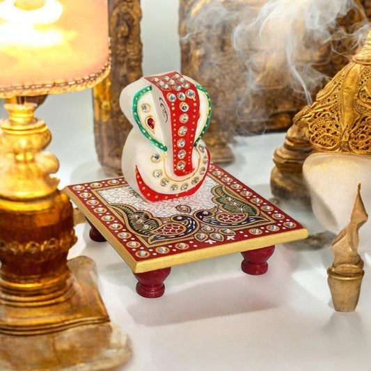 Ganesha Marble Enamel Painted Placed Chowki