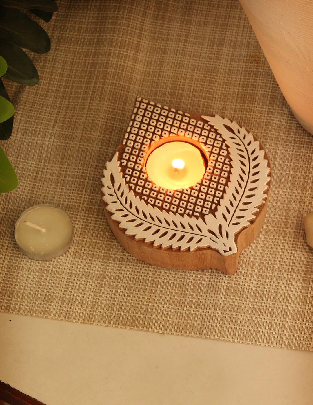 Wooden Hand block Leaf Shaped Diya pair