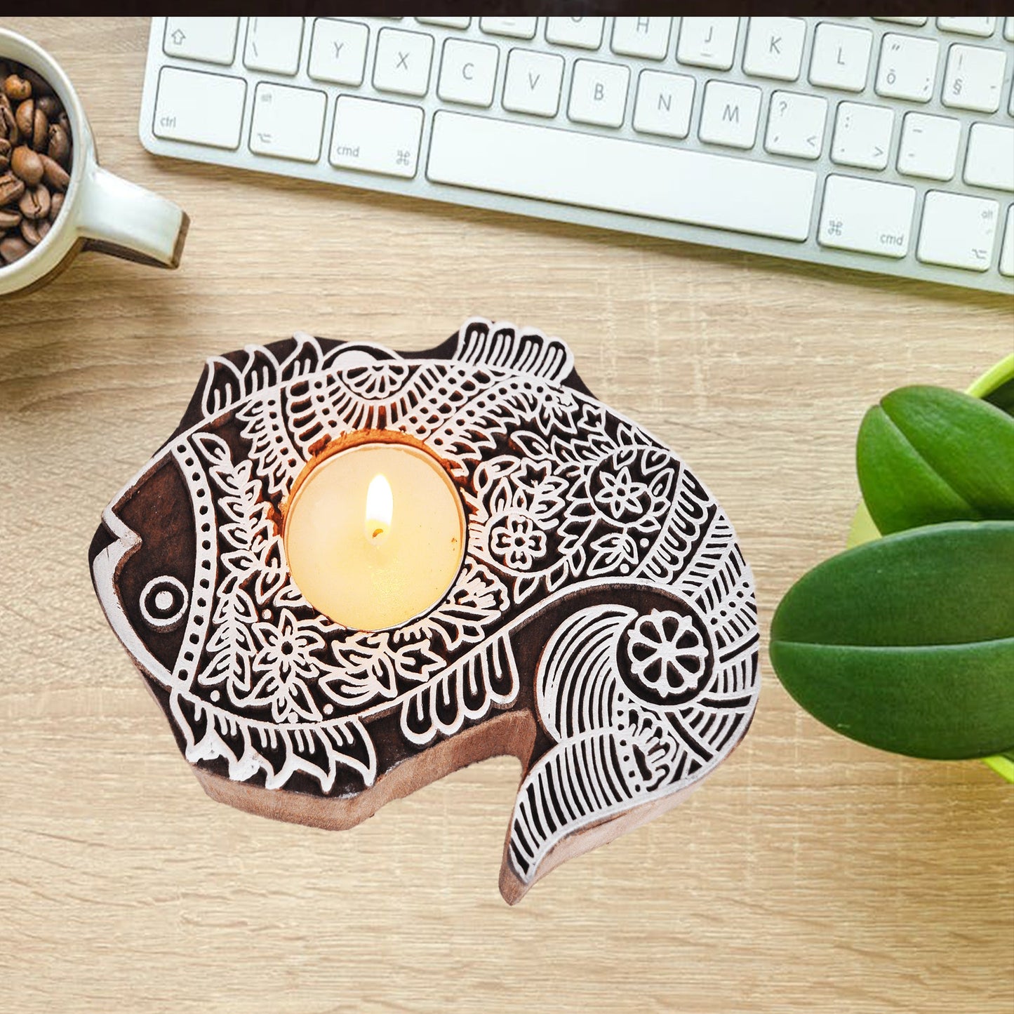 Wooden Hand block Fish Shape Diya pair