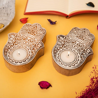Wooden Hand block Hand Shape Diya pair