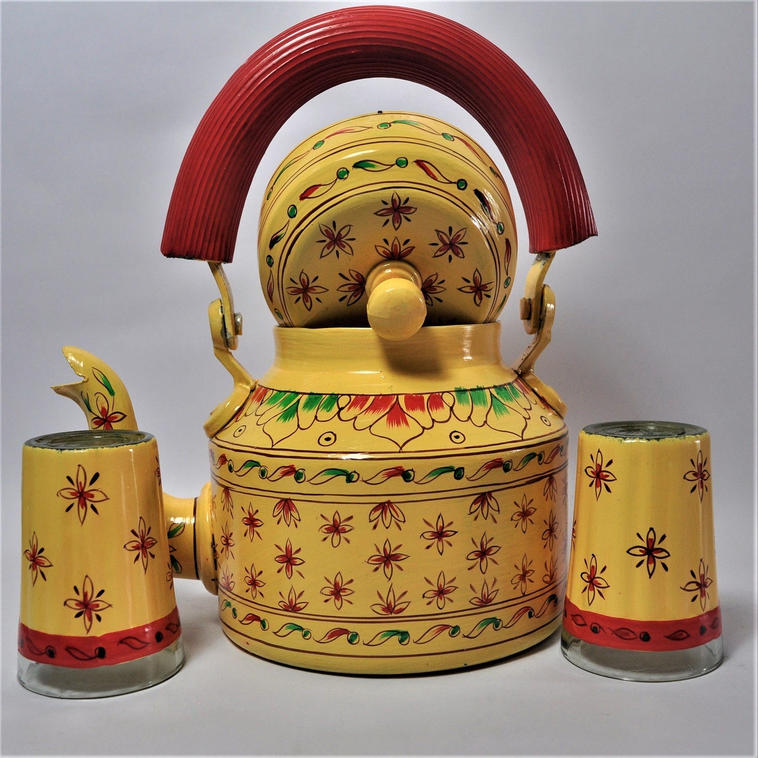 Hand Painted Aluminium Kettle And 2 Glass Set