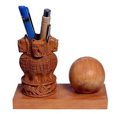 Wooden Watch Carved Pen Holder Table Top Decor