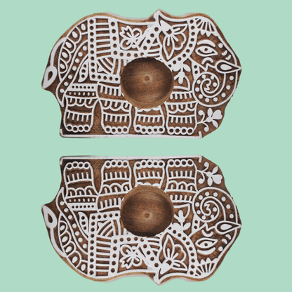 Wooden Hand block Elephant Shape Diya pair