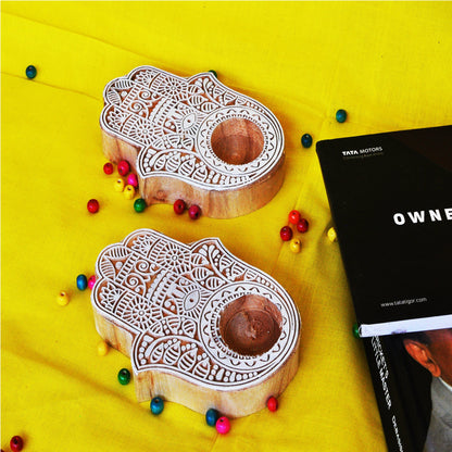 Wooden Hand block Hand Shape Diya pair