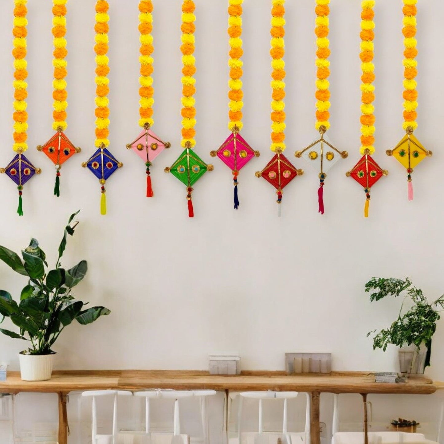 Marigold Fluffy Flowers With Kites Hanging