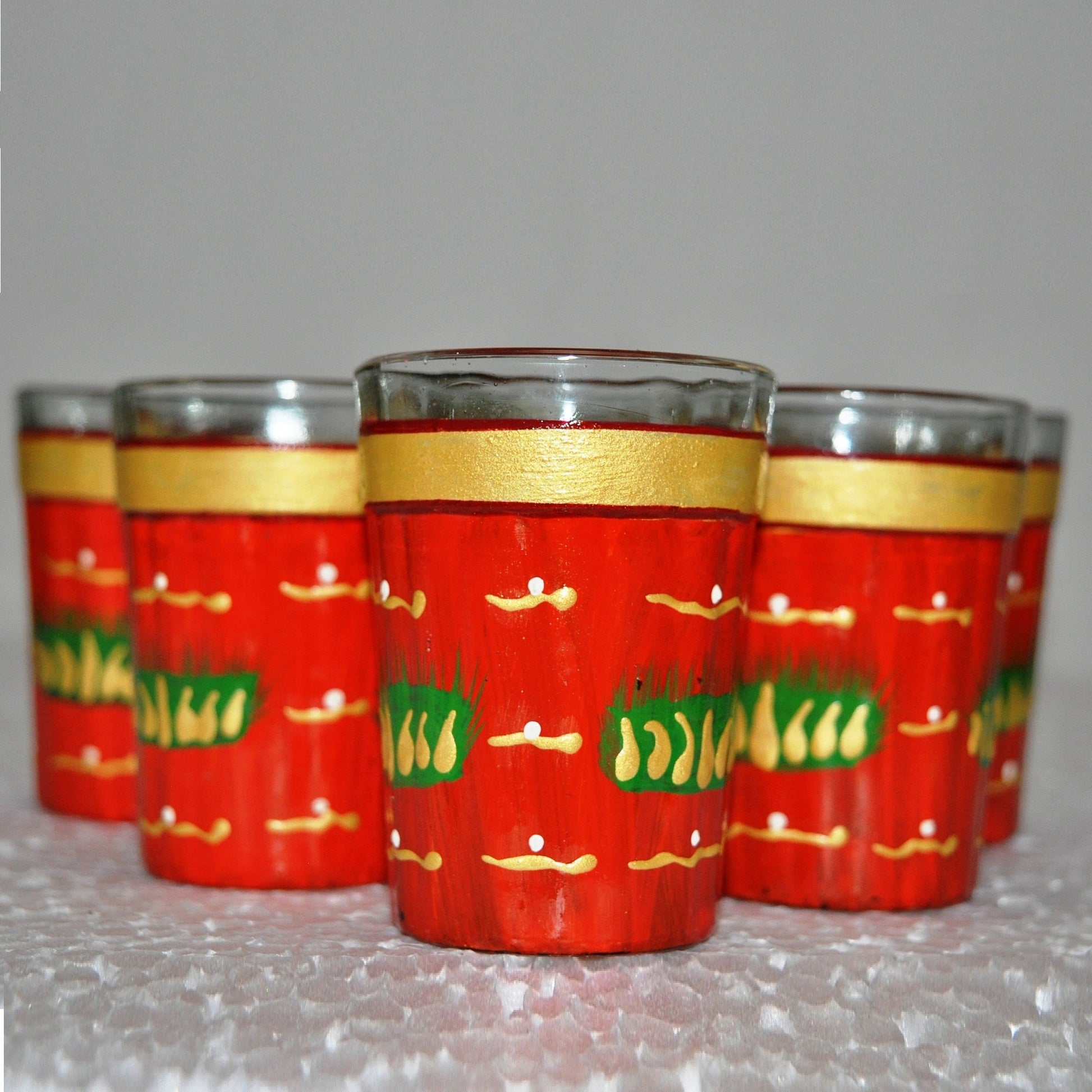 Decorative Hand Painted Flower Tea Glass Set - Dark Red