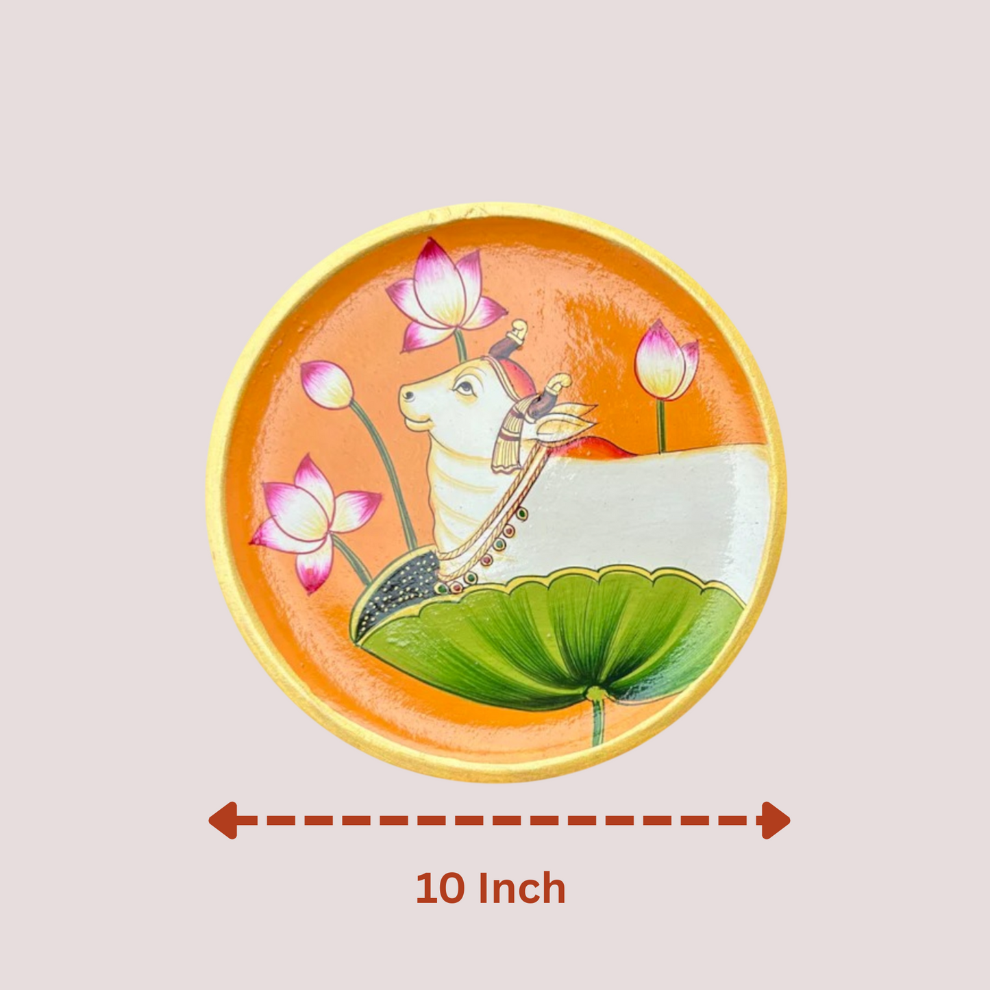 Divine Cow & Lotus Hand-Painted Wooden Wall Plate