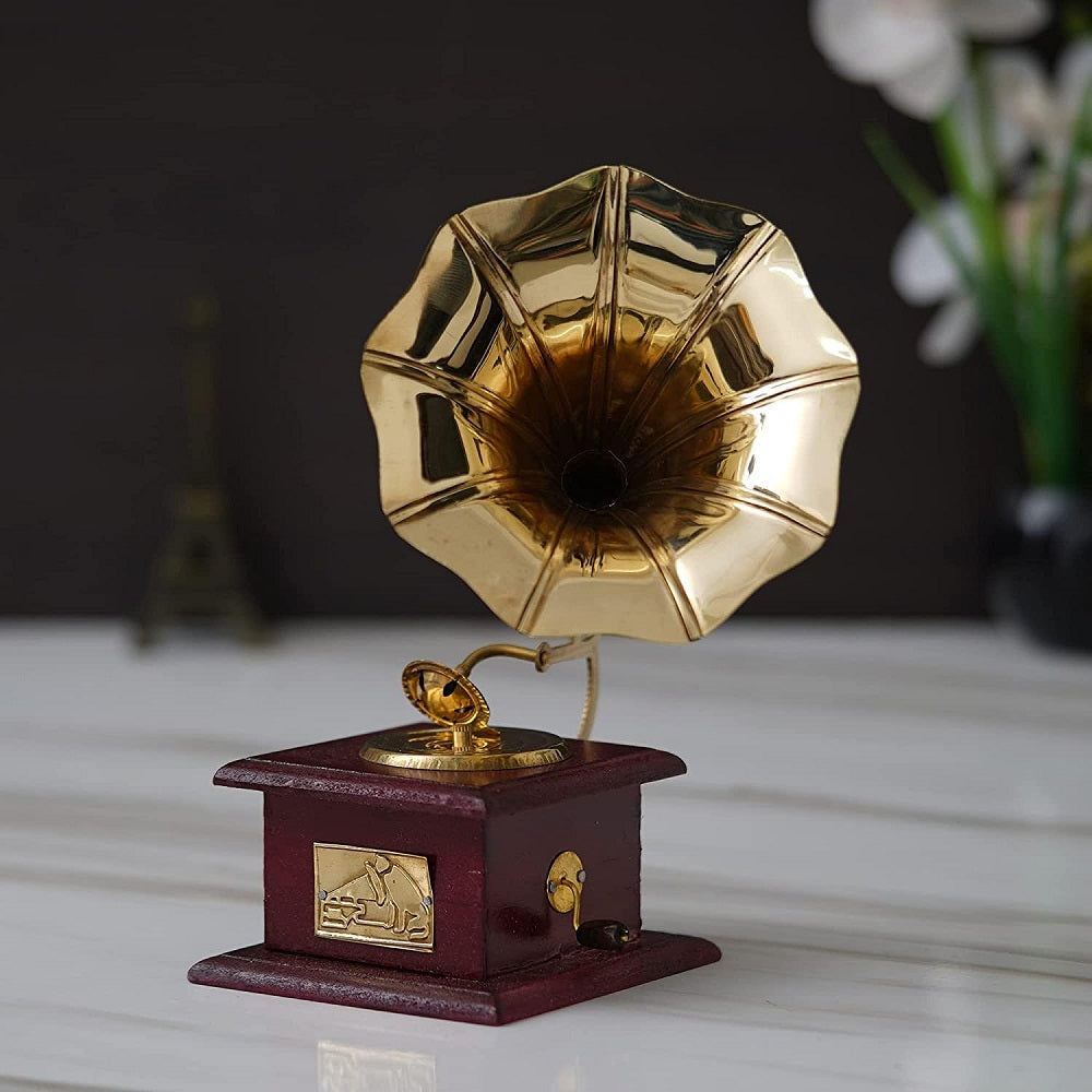 Wooden Brass Gramophone Retro Age Showpiece
