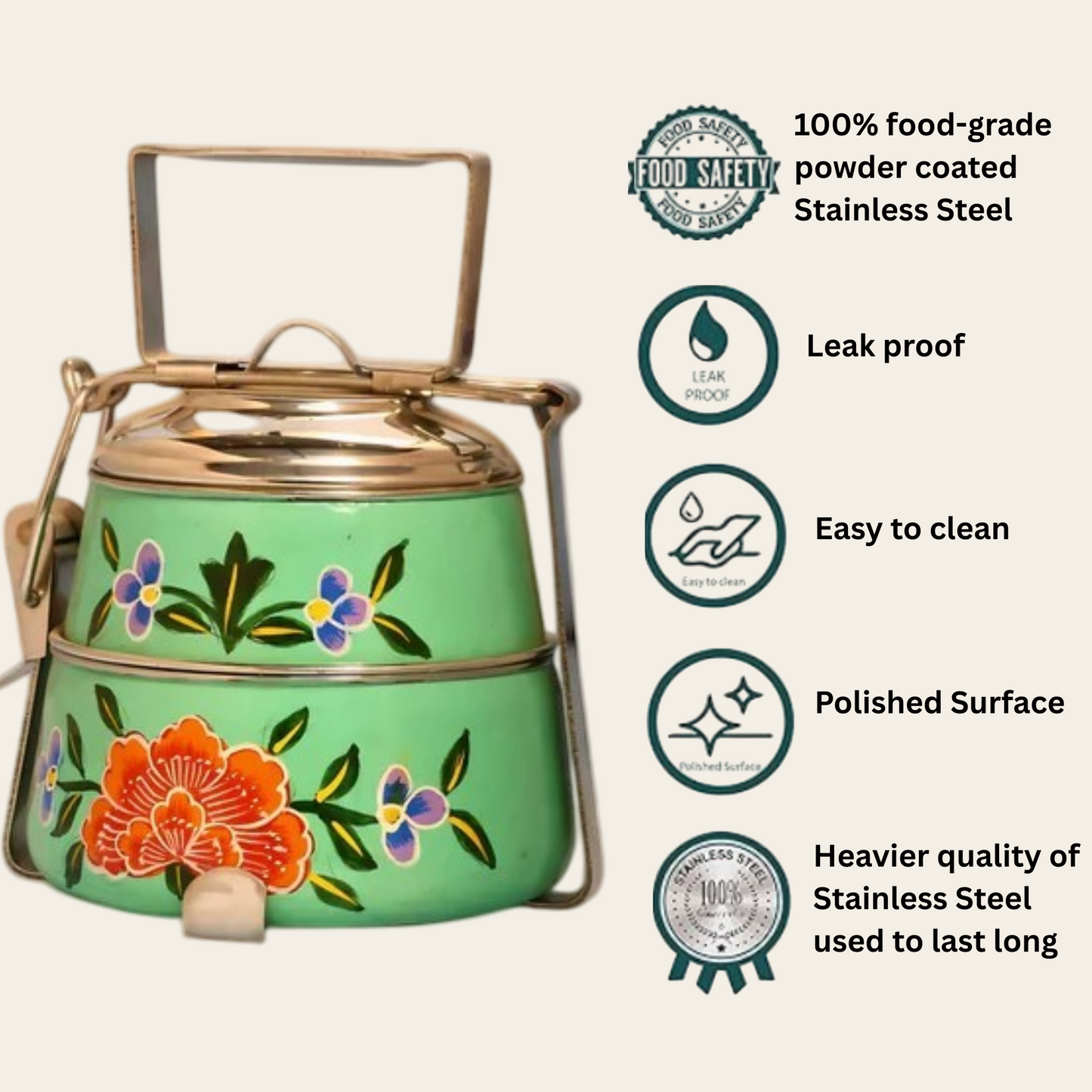 Hand Painted 2 Tier Steel tiffin Box -Green