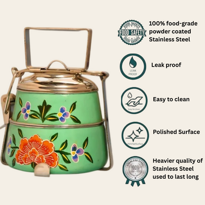 Hand Painted 2 Tier Steel tiffin Box -Green