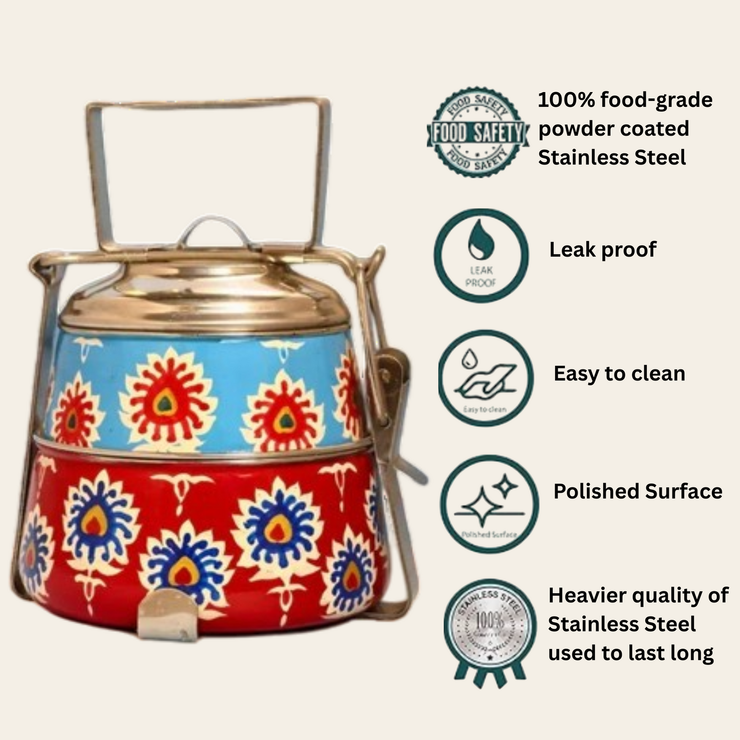 Hand Painted 2 Tier Steel tiffin Box -Red Blue