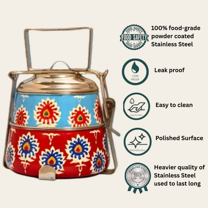 Hand Painted 2 Tier Steel tiffin Box -Red Blue