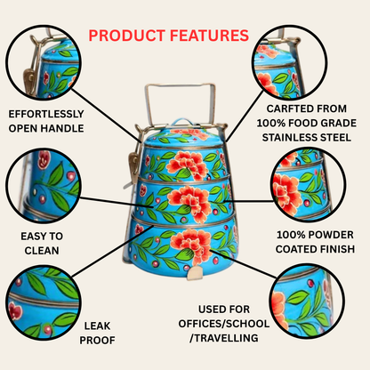 Hand Painted 3 Tier Steel Tiffin Box -Blue