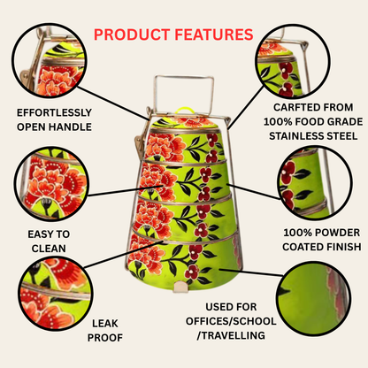 Hand Painted 3 Tier Steel Tiffin Box -Green