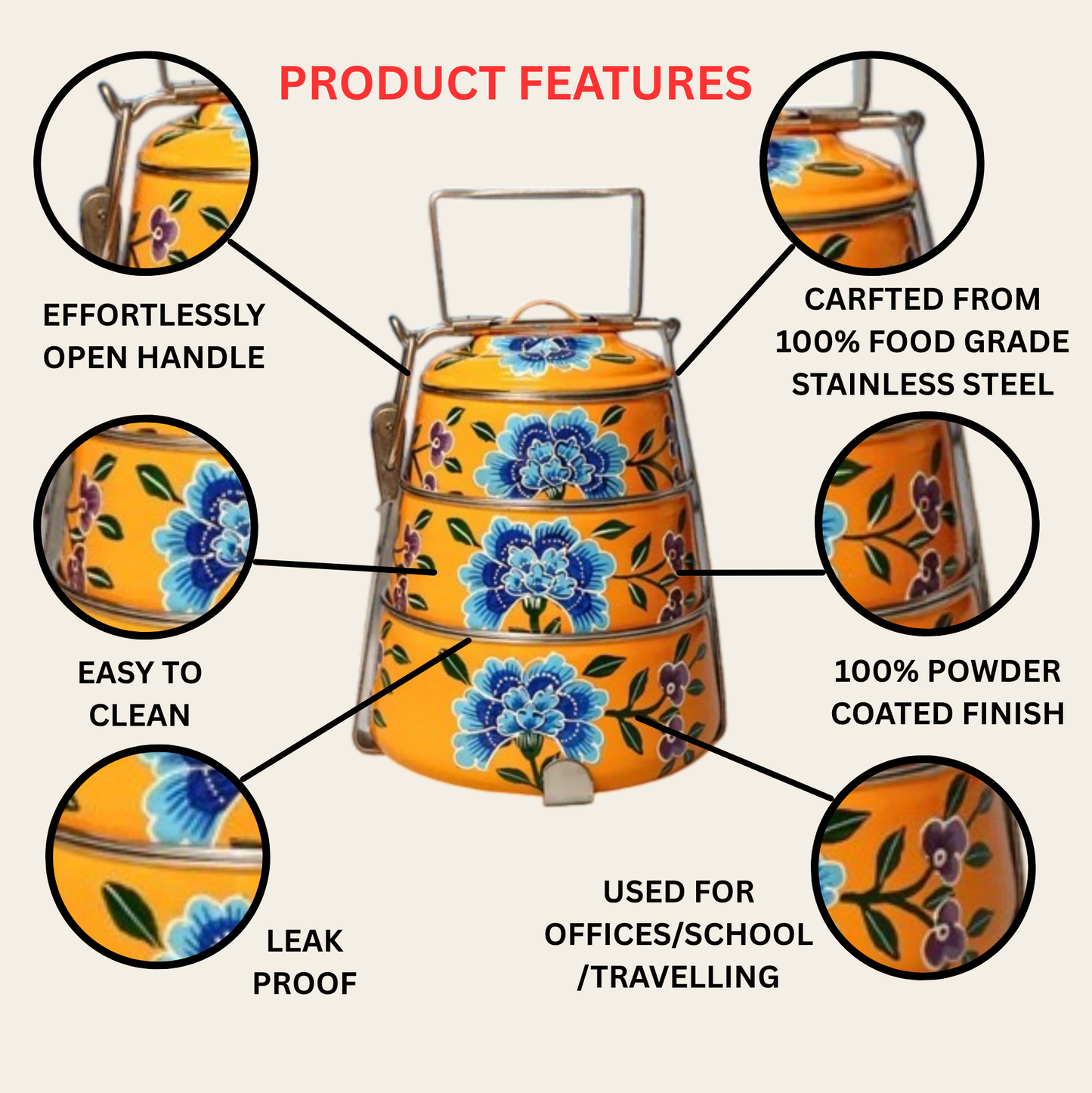 Hand Painted 3 Tier Steel Tiffin Box -Orange