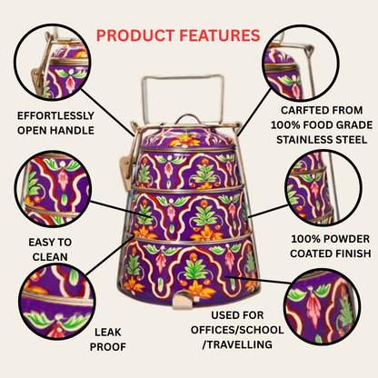 Hand Painted 3 Tier Steel Tiffin Box-Purple