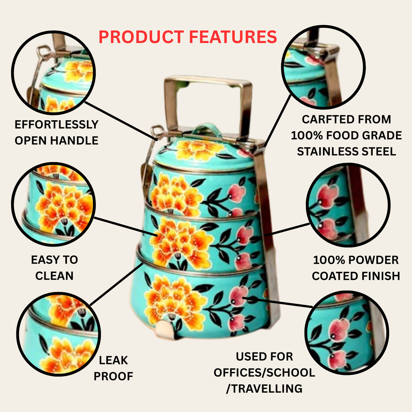 Hand Painted 3 Tier Steel Tiffin Box -Sky Blue