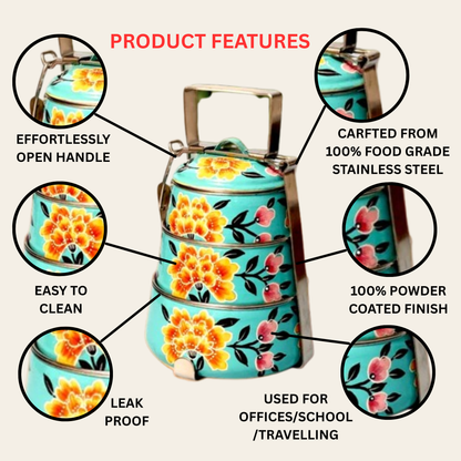 Hand Painted 3 Tier Steel Tiffin Box -Sky Blue