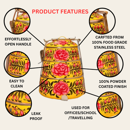 Hand Painted 3 Tier Steel Tiffin Box Yellow