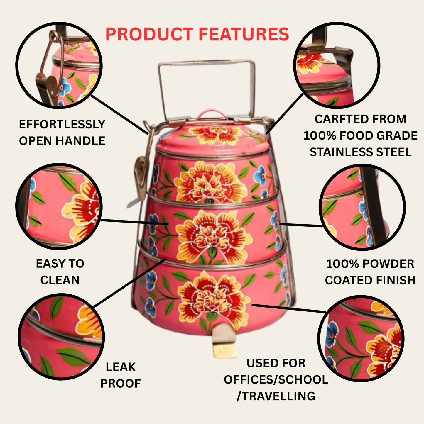 Hand Painted 3 Tier Steel tiffin Box-Pink