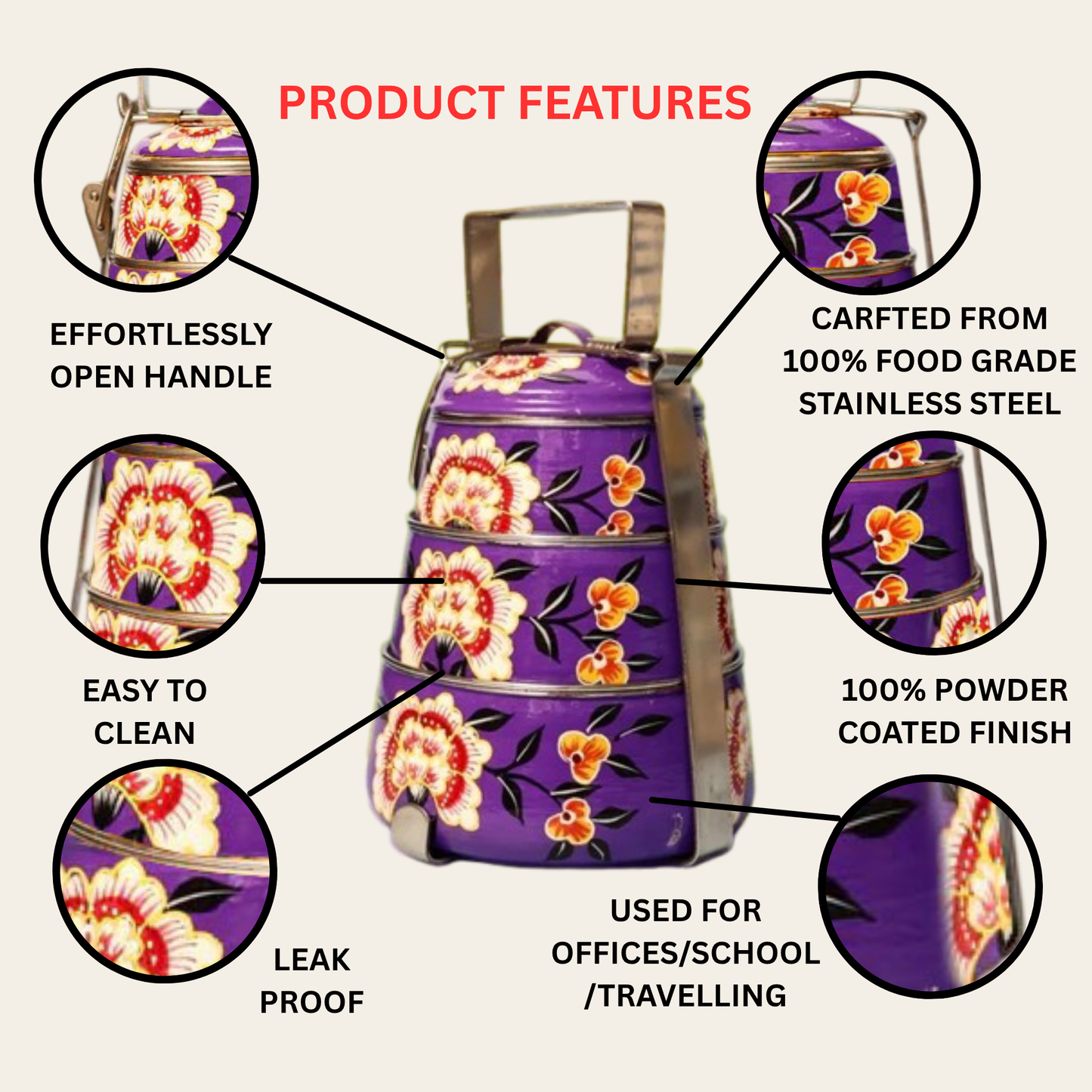 Hand Painted 3 Tier Steel tiffin Box -purple