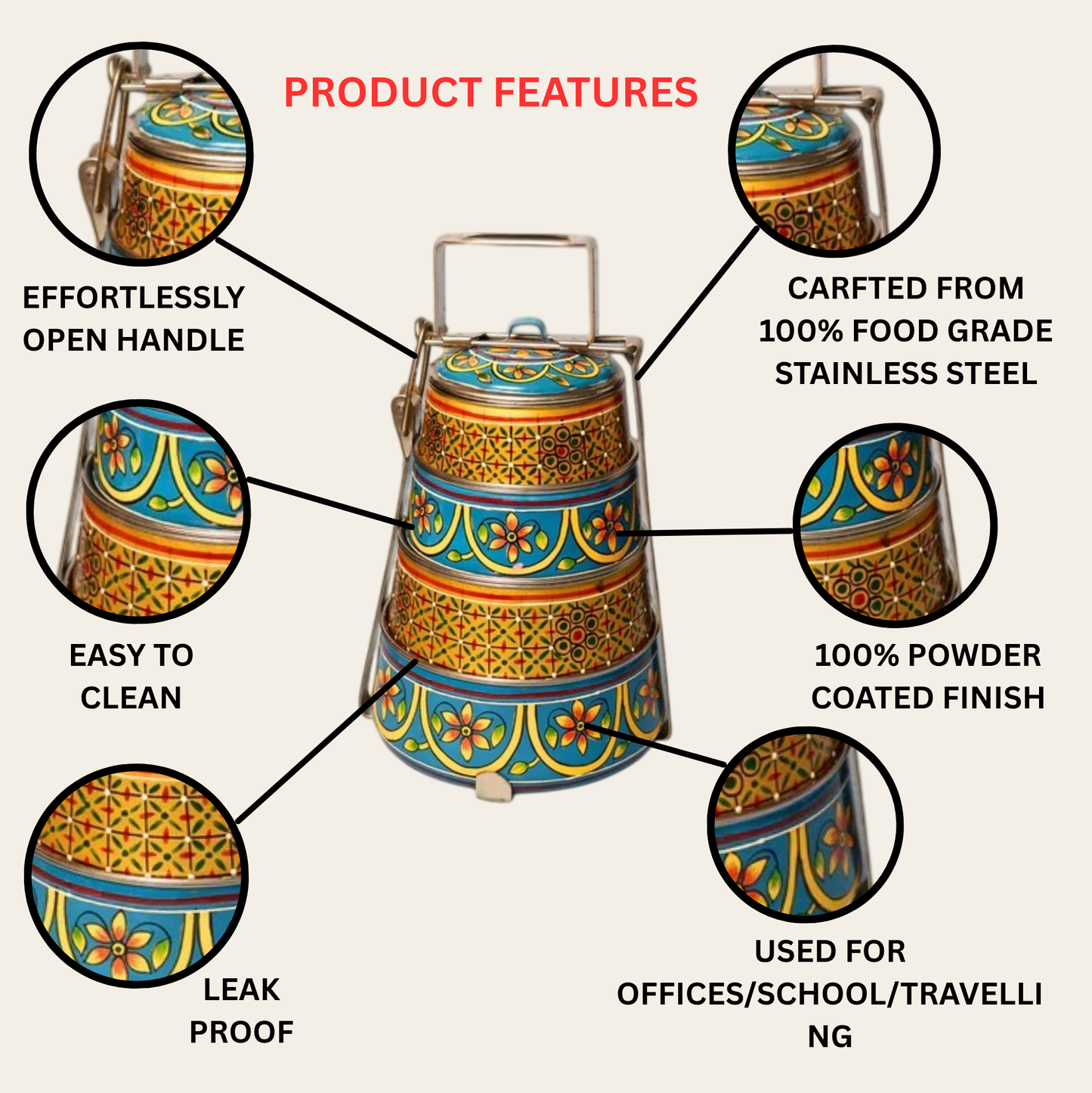 Hand Painted 4 Tier Steel tiffin Box -Gold Blue