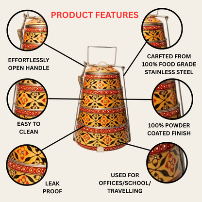 Hand Painted 4 Tier Steel tiffin Box -Gold