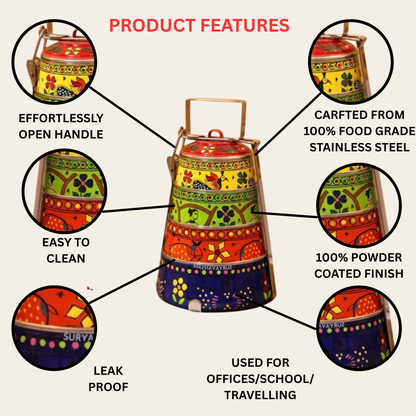 Hand Painted 4 Tier Steel tiffin Box -Multicolor