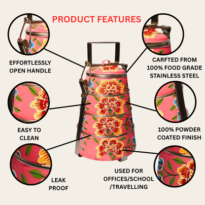 Hand Painted 4 Tier Steel tiffin Box -Pink