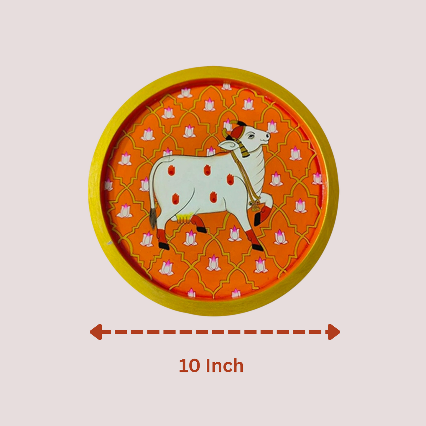 Hand-Painted Cow & Lotus Round Wood Wall Decor