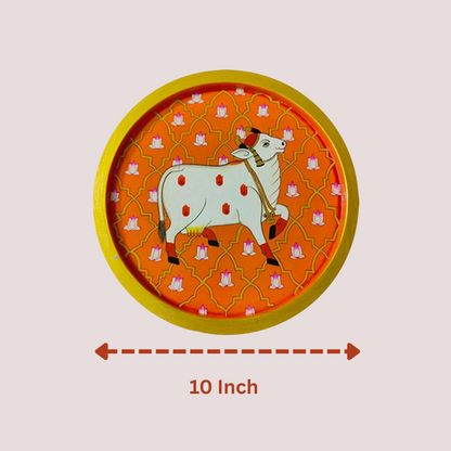 Hand-Painted Cow & Lotus Round Wood Wall Decor