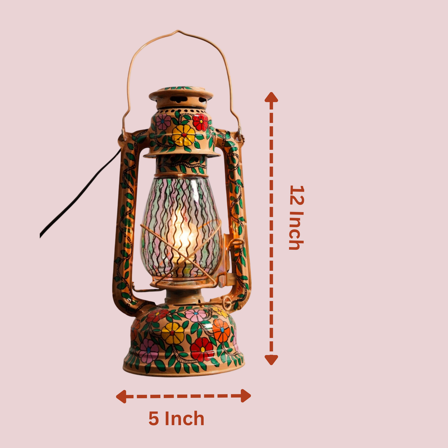 Decorative lantern with floral patterns and measurements on a pink background