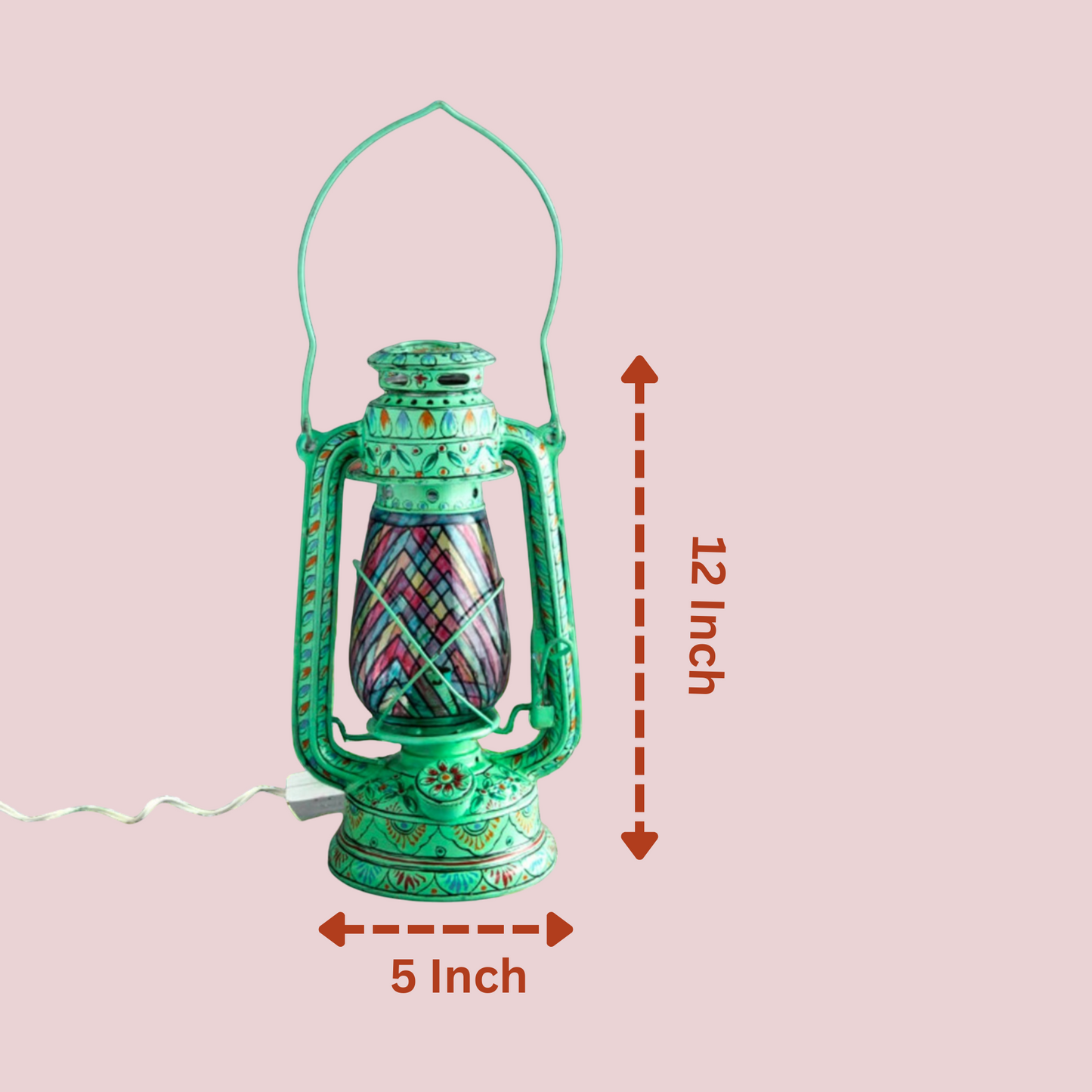 Green lantern with measurements on a pink background