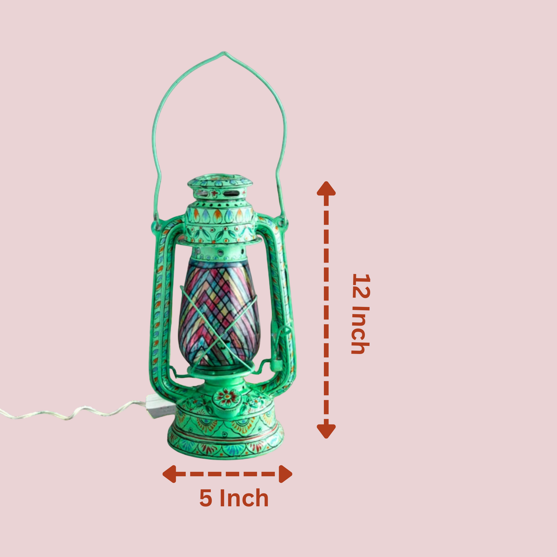 Green lantern with measurements on a pink background