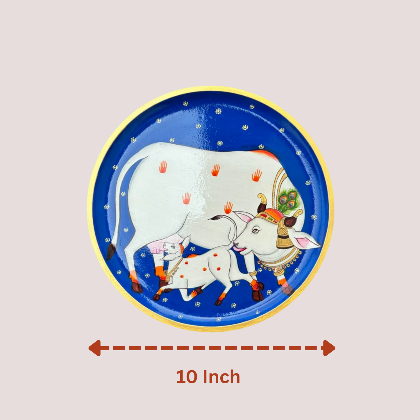 Hand-Painted Pichwai Divine Cow & Calf Wall Plate White Speckles Stars