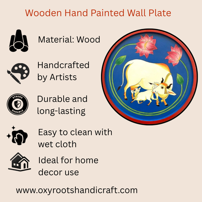Handmade Pichwai Wooden Wall Plate with Lotus & Kamdhenu