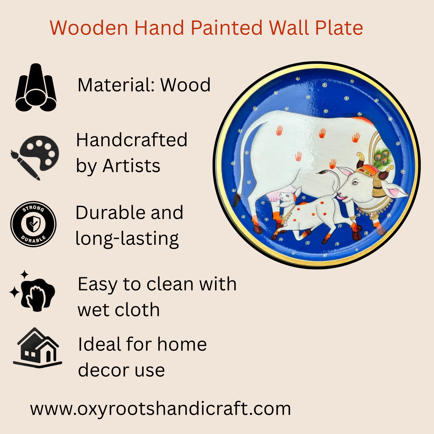 Hand-Painted Pichwai Divine Cow & Calf Wall Plate White Speckles Stars