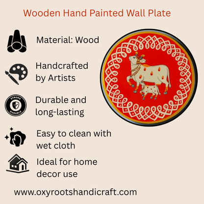 Hand Painted Pichwai Wooden Wall Plate - Divine Cow & Calf