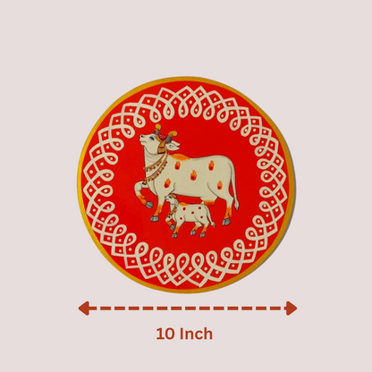 Hand Painted Pichwai Wooden Wall Plate - Divine Cow & Calf